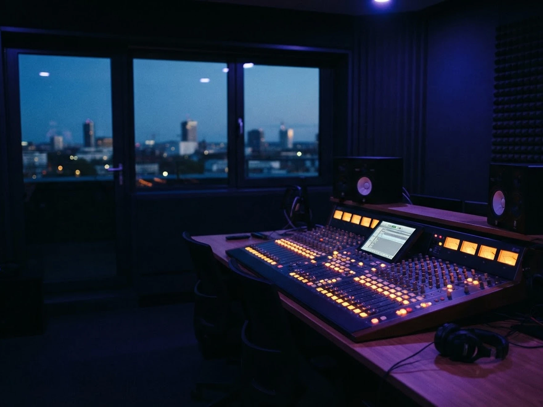 Sala de control de un estudio de radio moderno al atardecer